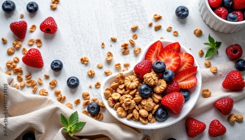 Obraz na płótnie Bowl of Granola Topped with Fresh Strawberries, Raspberries, and Blueberries on a Wooden Table w salonie