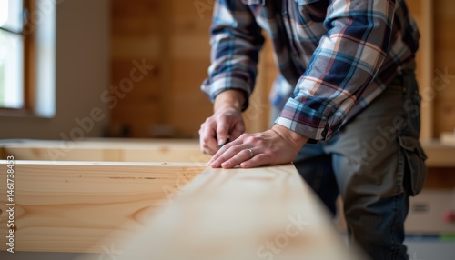 Obraz na płótnie Skilled Craftsman Measuring Wooden Planks During Carpentry Work Inside a Rustic Workshop w salonie