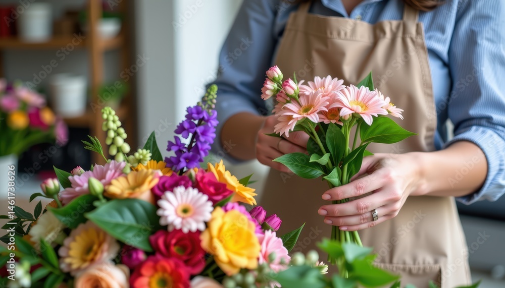 Florist Arranging Colorful Flowers into a Beautiful Bouquet in a Bright Indoor Workspace