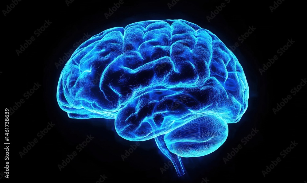 Glowing blue brain illustration showcasing neural connections and structure Glowing blue brain illustration showcasing neural connections and structure