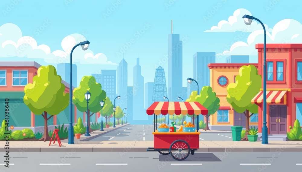 Colorful Food Cart Set Up on a Vibrant City Street with Modern Skyline in Background