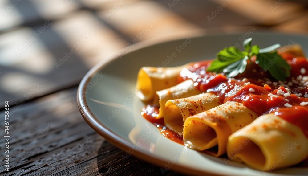 Delicious Pasta Dish with Tomato Sauce and Fresh Herbs on a Rustic Wooden Table