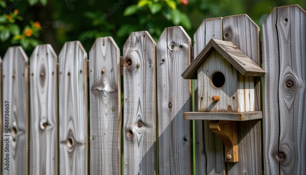Rustic Wooden Birdhouse Attached to a Weathered Fence Surrounded by Lush Greenery in Spring