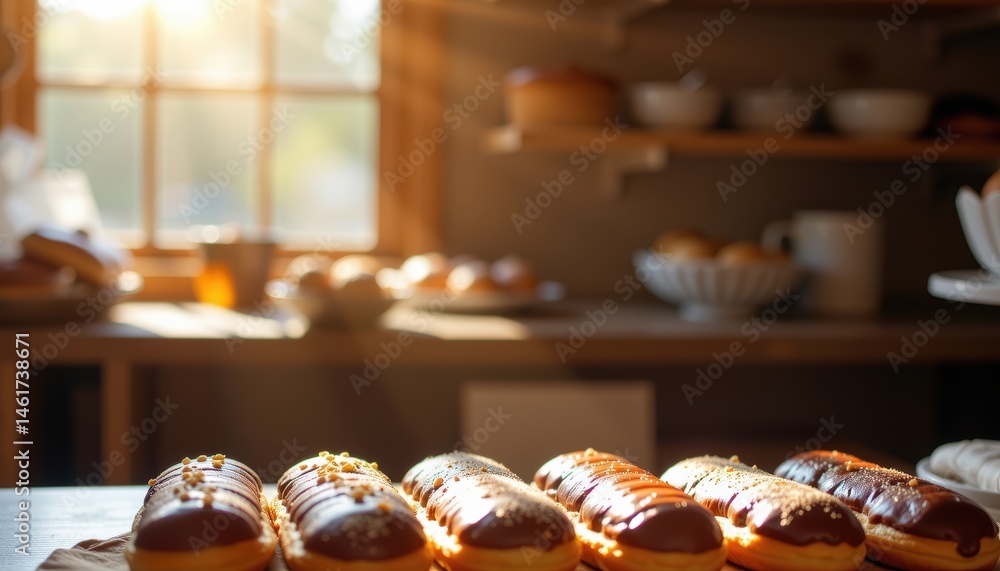 Freshly Baked Donuts Glazed with Chocolate and Sprinkles in a Cozy Bakery During Morning Light