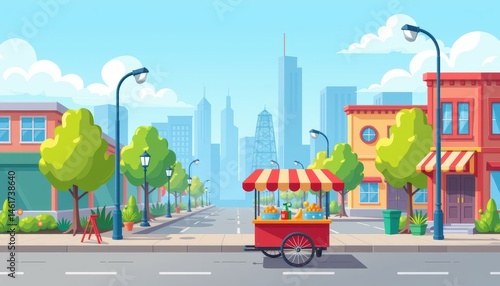 Obraz na płótnie Colorful Food Cart Set Up on a Vibrant City Street with Modern Skyline in Background w salonie