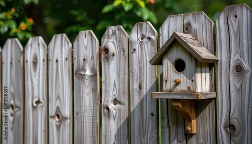 Obraz na płótnie Rustic Wooden Birdhouse Attached to a Weathered Fence Surrounded by Lush Greenery in Spring w salonie