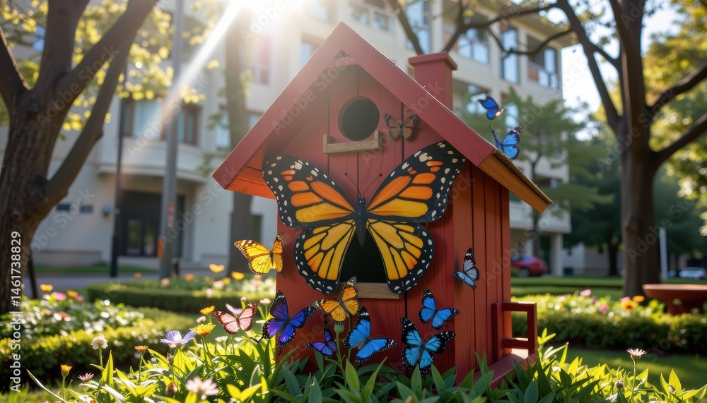 Colorful Butterfly Decorated Birdhouse in a Vibrant Garden Under Bright Sunlight