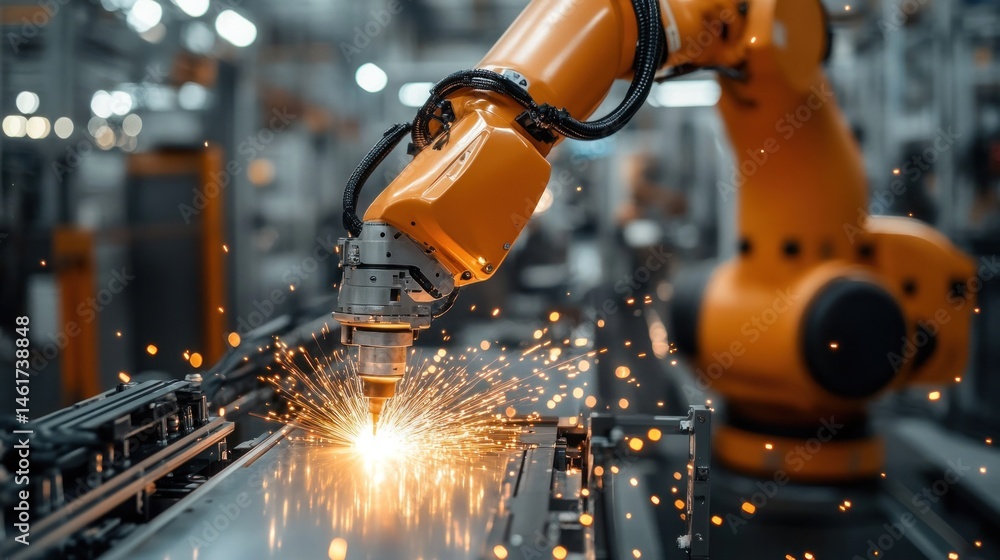 Industrial Robotic Arm Welding Metal with Sparks Industrial Robotic Arm Welding Metal with Sparks