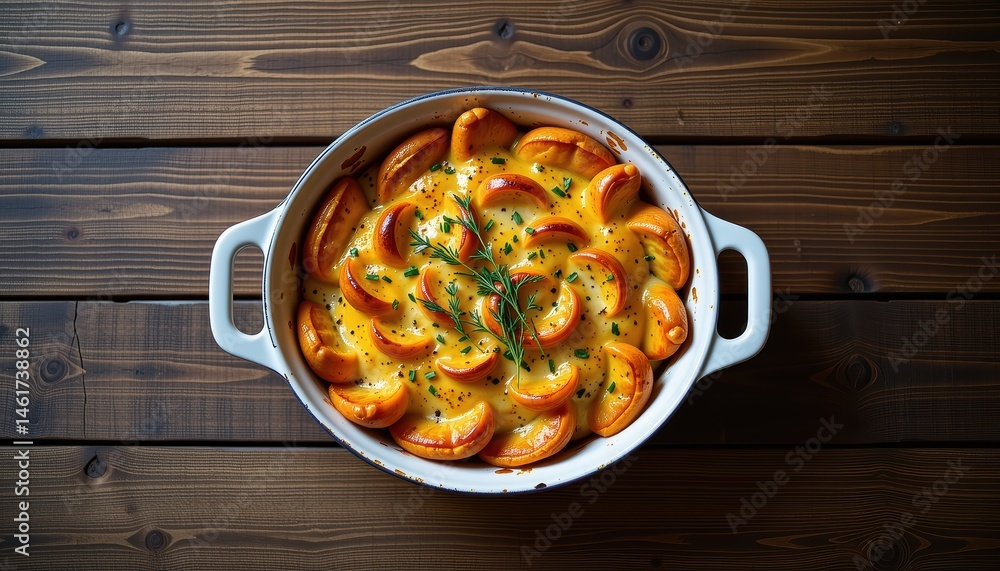 Savory Baked Potato Casserole with Cheese and Herbs Served in a Rustic Dish on Wooden Surface