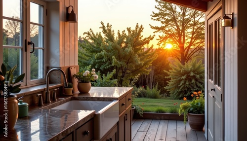 Obraz na płótnie Cozy Kitchen with Sun Setting Over Lush Garden in Serene Countryside Setting w salonie