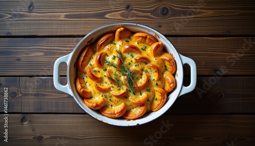 Obraz na płótnie Savory Baked Potato Casserole with Cheese and Herbs Served in a Rustic Dish on Wooden Surface w salonie