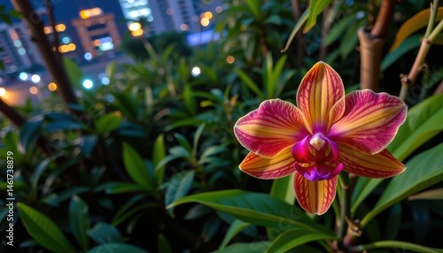 Vibrant Pink and Yellow Orchid Blooming Amidst Lush Green Leaves in Urban Night Setting