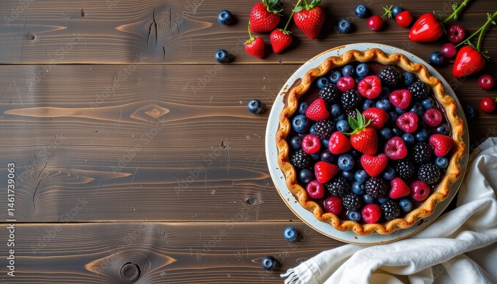 Delicious Fruit Tart with Raspberries Blueberries and Strawberries on Wooden Table Top