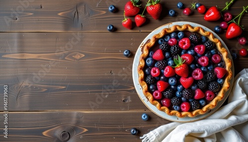 Obraz na płótnie Delicious Fruit Tart with Raspberries Blueberries and Strawberries on Wooden Table Top w salonie