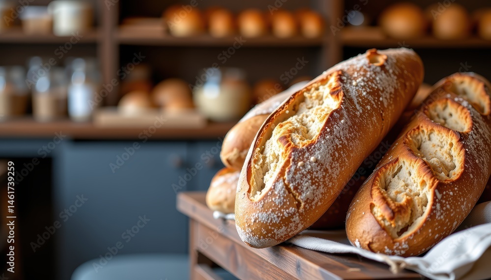 Freshly Baked Golden Artisan Bread Loaves Displayed on Rustic Wooden Table in Bakery