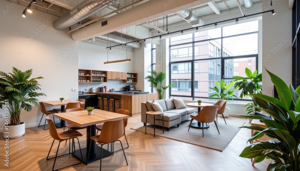 Spacious Modern Office Interior with Natural Light, Cozy Furniture and Indoor Plants