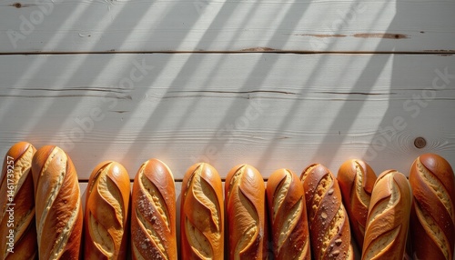 Obraz na płótnie Freshly Baked Golden Bread Loaves With Twisted Design on Wooden Surface with Natural Lighting w salonie