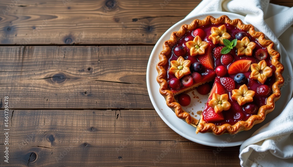 Delicious Fruit Tart with Strawberries and Blueberries on a Rustic Wooden Table