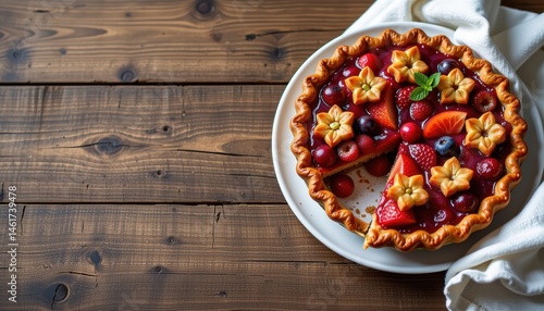 Delicious Fruit Tart with Strawberries and Blueberries on a Rustic Wooden Table