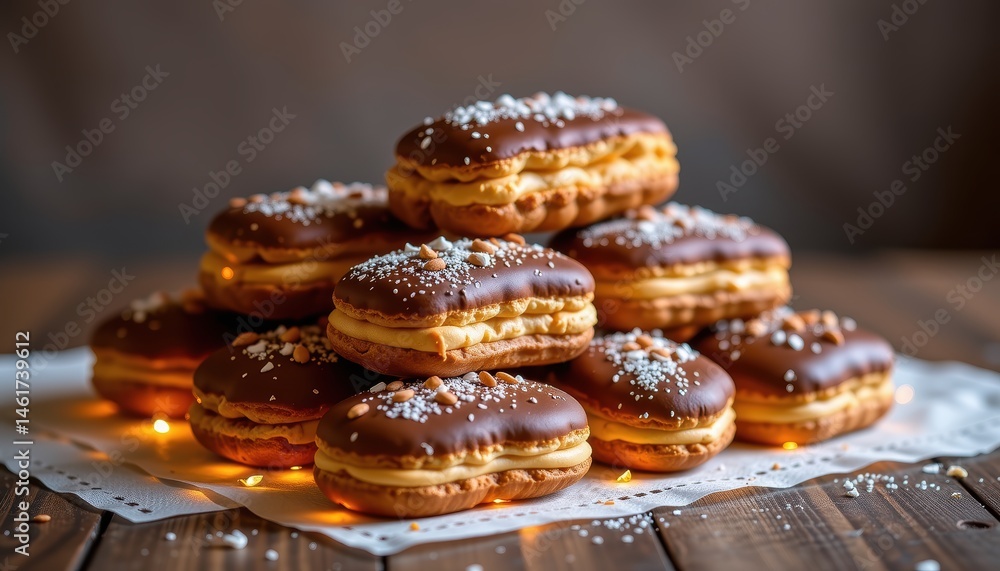 Assorted Chocolate Covered Desserts Stacked on a Wooden Table with Sprinkles and Warm Lighting