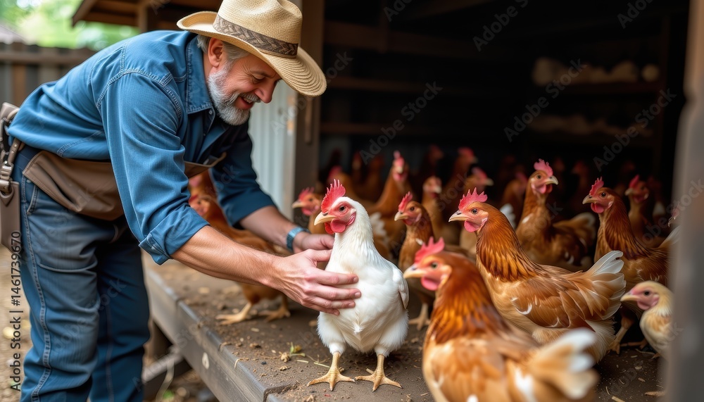 Farmer in Straw Hat Gently Handling White Chicken Surrounded by Hens in Rural Farm Setting