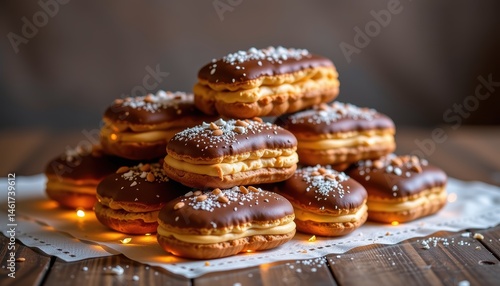 Obraz na płótnie Assorted Chocolate Covered Desserts Stacked on a Wooden Table with Sprinkles and Warm Lighting w salonie
