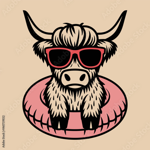 Highland Cow with Sunglasses and Swim Ring Cartoon Illustration