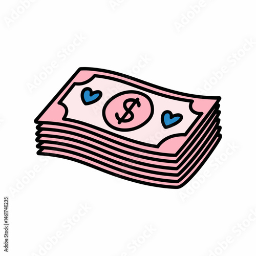 Cute Pink Stack of Cartoon Money with Hearts 