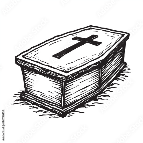 Vintage wooden coffin illustration, Hand drawn gothic funeral casket with Christian cross art.