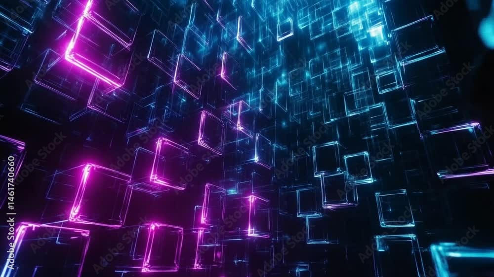 Abstract futuristic background with glowing cubes and neon lights, technological design Abstract futuristic background with glowing cubes and neon lights, technological design