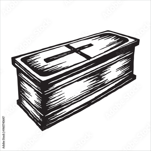 Vintage wooden coffin illustration, Hand drawn gothic funeral casket with Christian cross art.