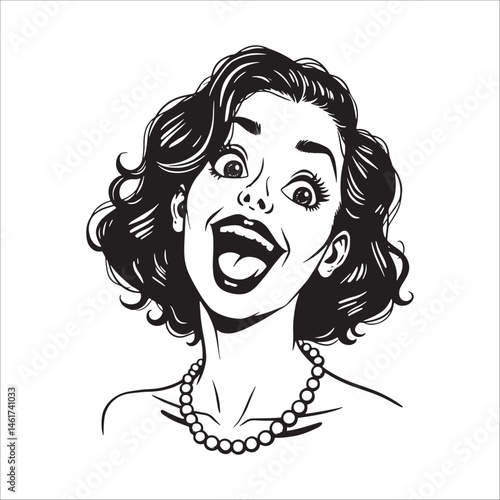 Retro comic woman laughing illustration, Excited happy female portrait in vintage pop art style.