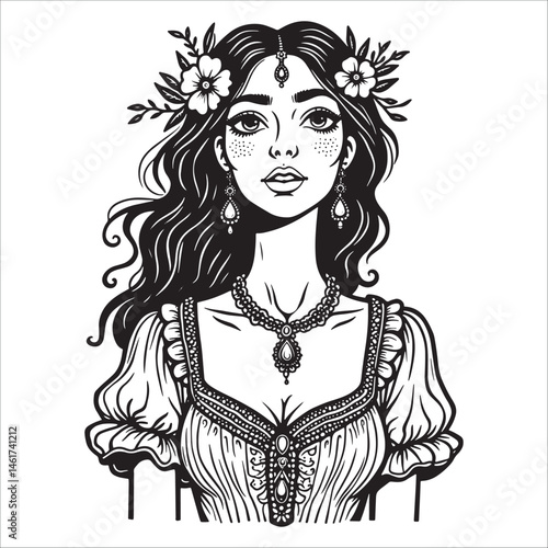 Beautiful boho woman with floral crown illustration, Vintage gypsy girl black and white portrait art.