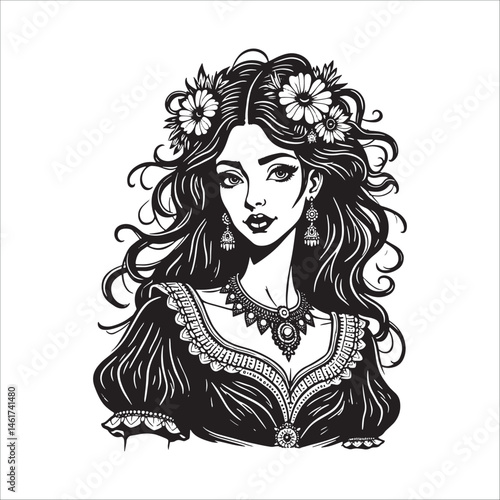 Beautiful boho woman with floral crown illustration, Vintage gypsy girl black and white portrait art.