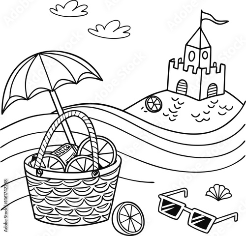 Hand-drawn vector illustrations depict a boat sailing on the sea, an Easter egg for the holiday, and a fairy-tale castle tower