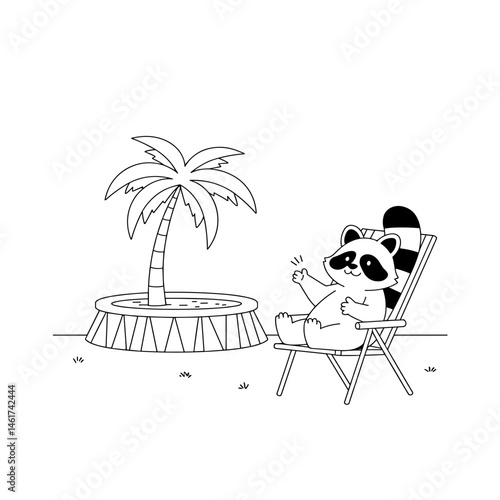 Raccoon relaxing in a chair by a palm tree at a sunny poolside