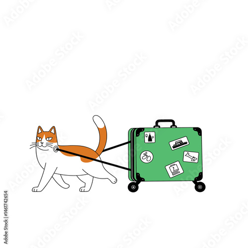 Cat pulling a green suitcase with travel stickers