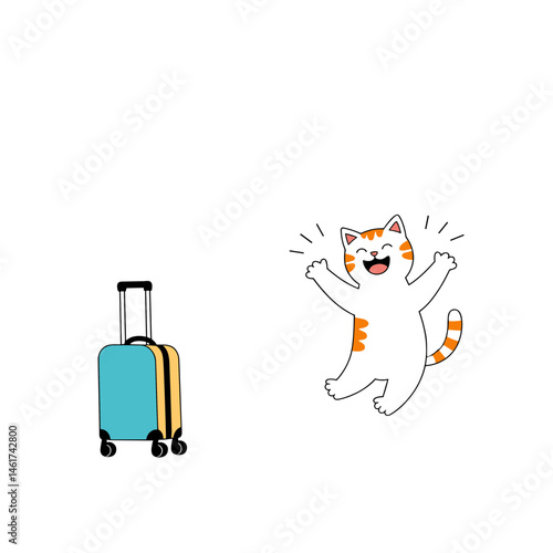 Cat jumping with joy next to a colorful suitcase