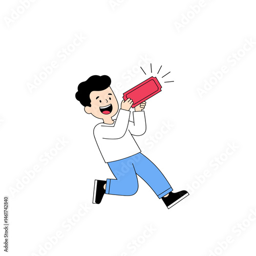 Cheerful boy holding a red ticket and jumping in excitement a white background