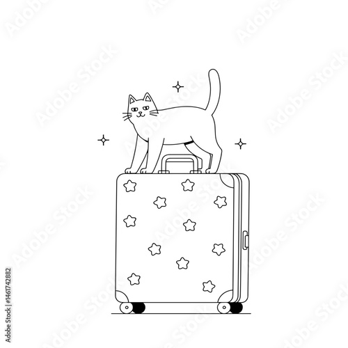 Cat balancing on a rolling suitcase with stars