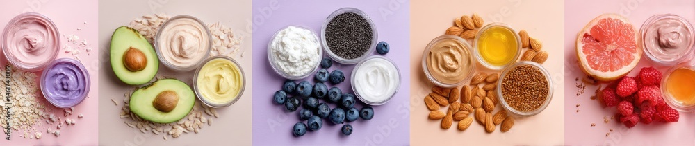 Natural skin care ingredients arranged in containers and bowls Natural skin care ingredients arranged in containers and bowls