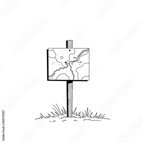 Map on signpost in grassy field