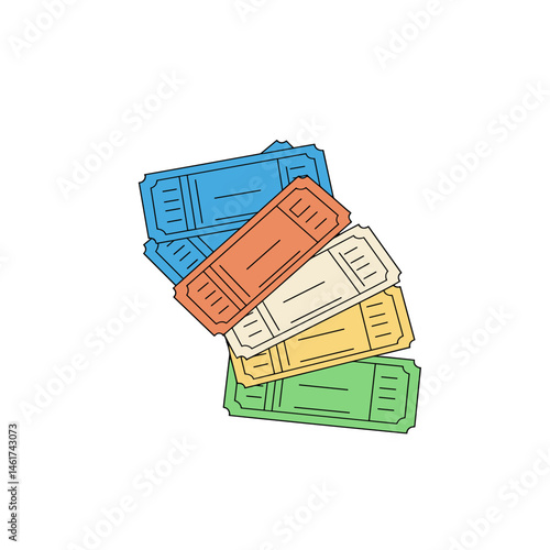 Colorful travel tickets stacked in a creative arrangement