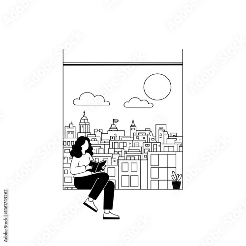 Woman reading a book by the window with cityscape view