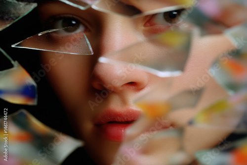 surreal representation of identity fragmentation showcasing person surrounded by shattered mirrors reflecting