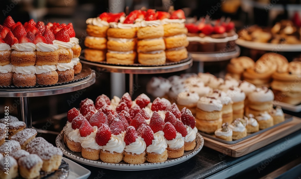 Delicious assortment of cakes and pastries featuring strawberries and cream Delicious assortment of cakes and pastries featuring strawberries and cream