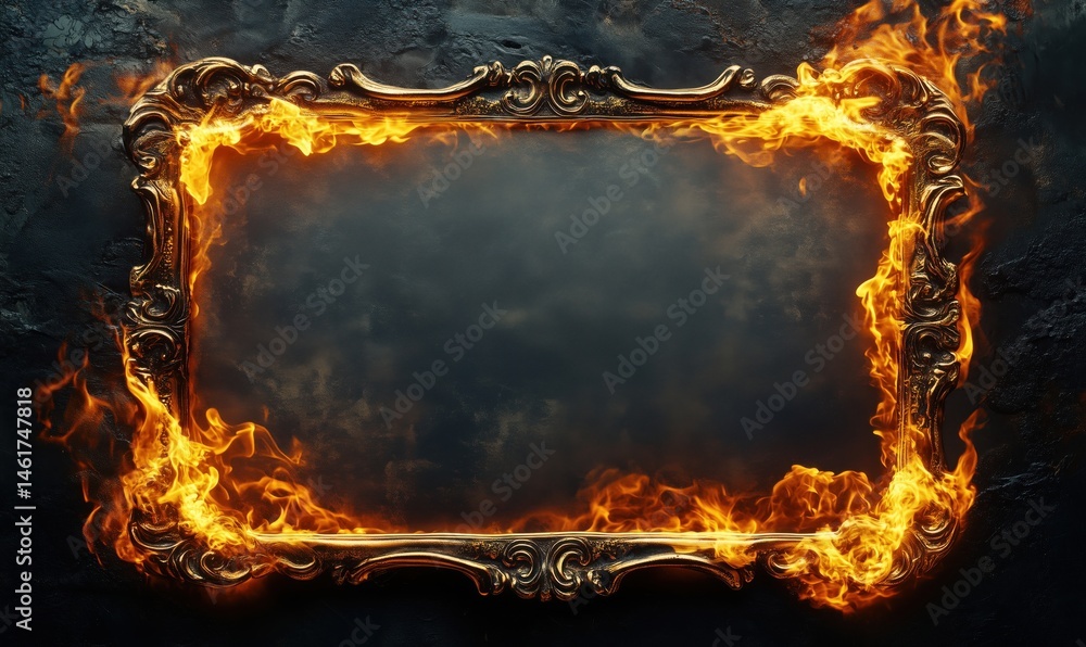 Burning ornate picture frame with flames on dark textured background