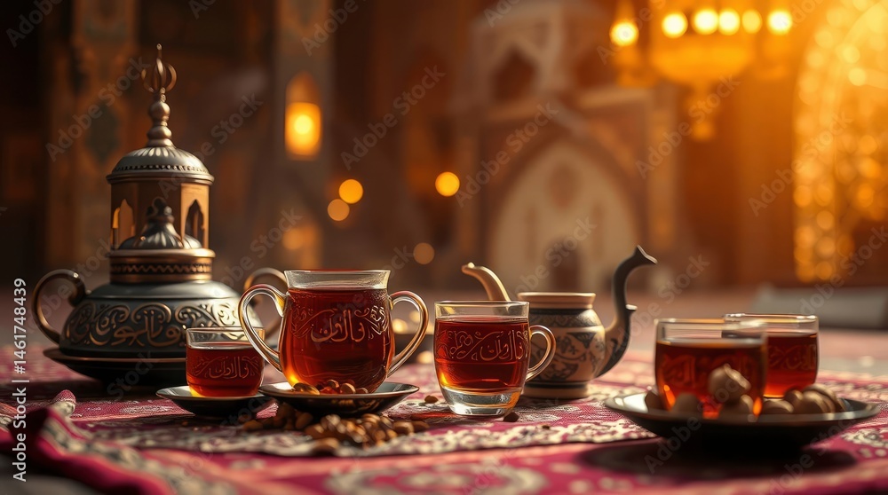 Fototapeta premium Serene still life captures the essence of spiritual reflection with vibrant teaware and rising steam