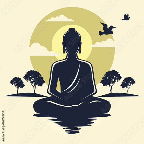 Peaceful Buddha sitting under stylized Bodhi tree.eps
