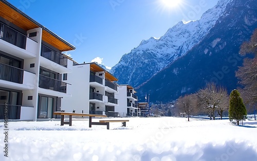 Modern snow-covered apartments nestled in alpine mountains